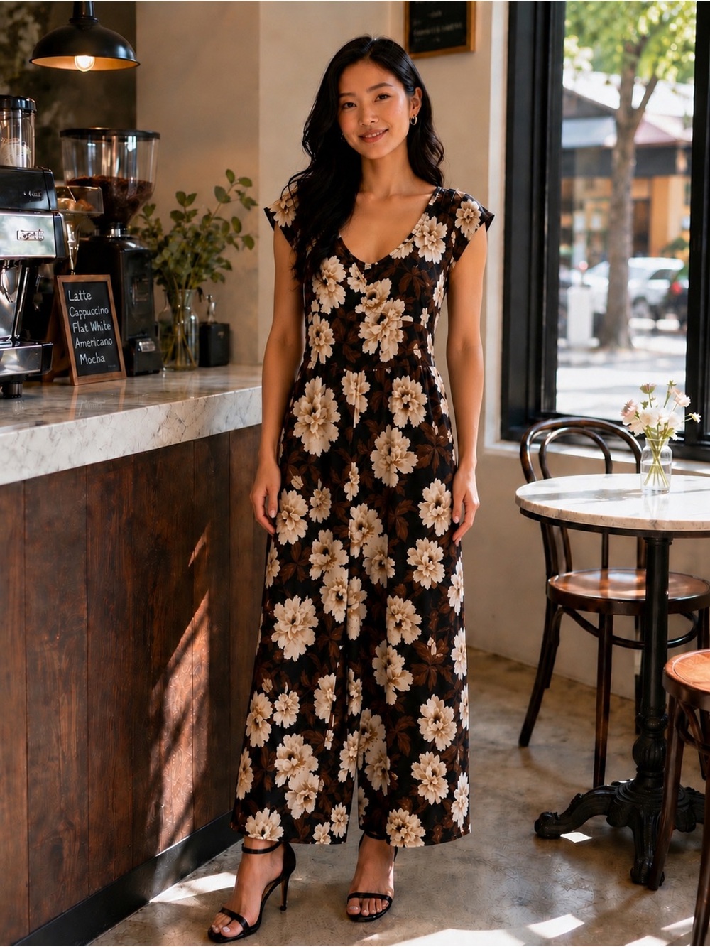 Old Navy Black, Cream & Brown Floral Print Wide-Leg Jumpsuit, Petite XL